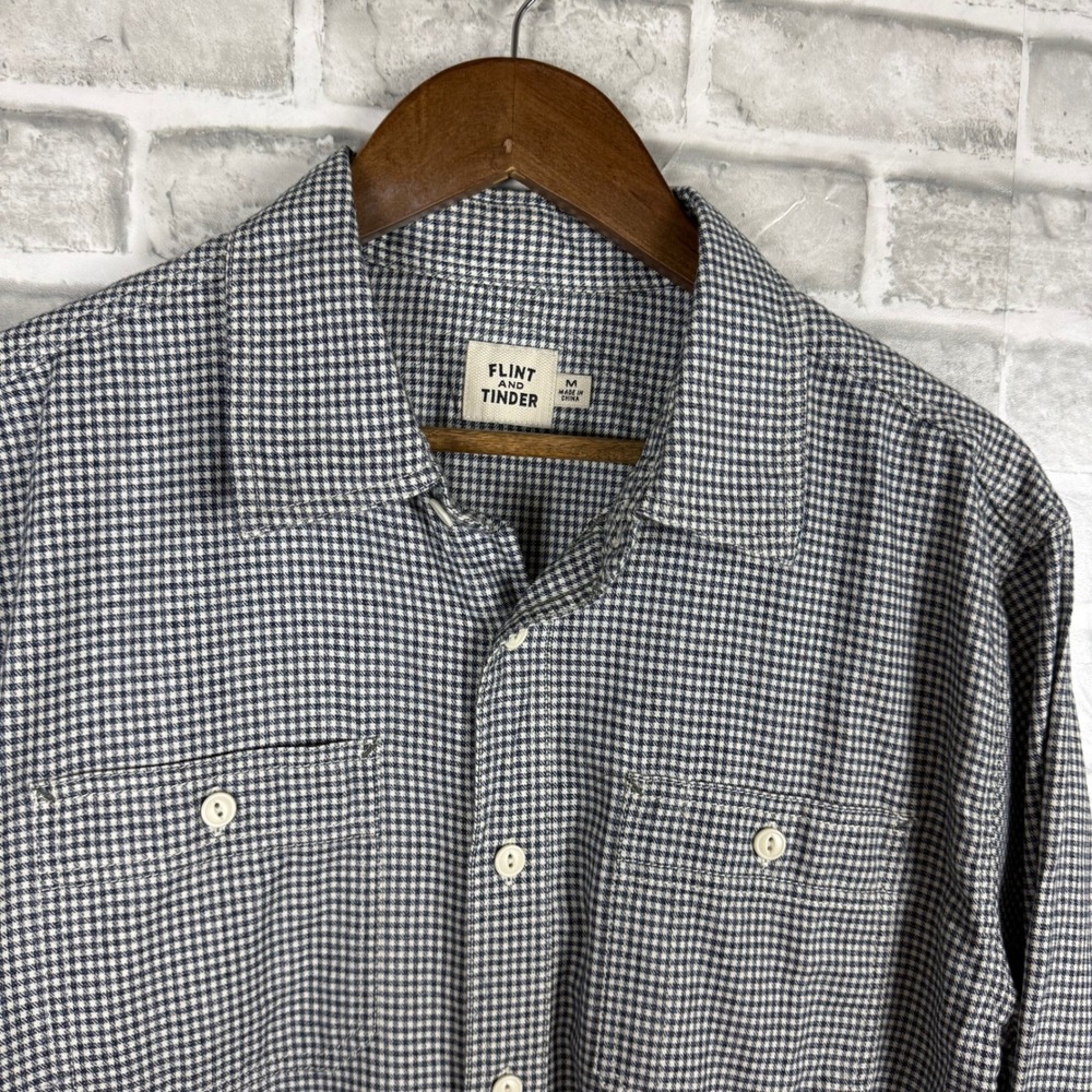 Flint and Tinder Mens M Blue White Houndstooth Cotton Button Down Work Shirt
